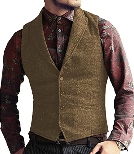 Aesido Jahrgang Herren Weste Anzugweste Schmale Business Wolle Fischgrätenmuster Tweed Hochzeit Trauzeuge(Braun,M) von Aesido