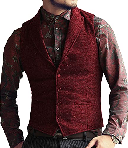 Aesido Jahrgang Herren Weste Anzugweste Schmale Business Wolle Fischgrätenmuster Tweed Hochzeit Trauzeuge(Burgund,S) von Aesido