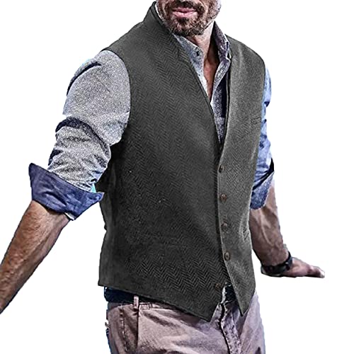 Aesido Klassisch Herren Weste Anzugweste Slim Fit Wolle Fischgrätenmuster Tweed Business Hochzeit Trauzeuge(Grau,S) von Aesido