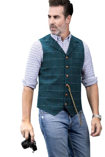 Aesido Männer Lässig Anzugweste Selbstkultivierung Wolle Wolltuch Plaid Notch Revers Weste für Hochzeit Party(Blue-3XL) von Aesido