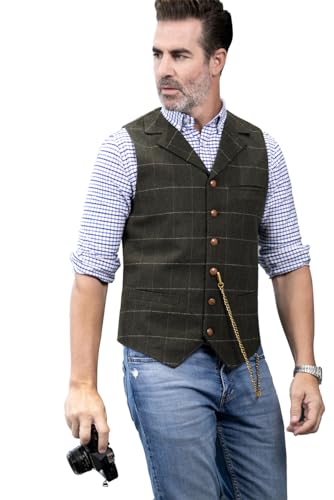 Aesido Männer Lässig Anzugweste Selbstkultivierung Wolle Wolltuch Plaid Notch Revers Weste für Hochzeit Party(Coffee-2XL) von Aesido