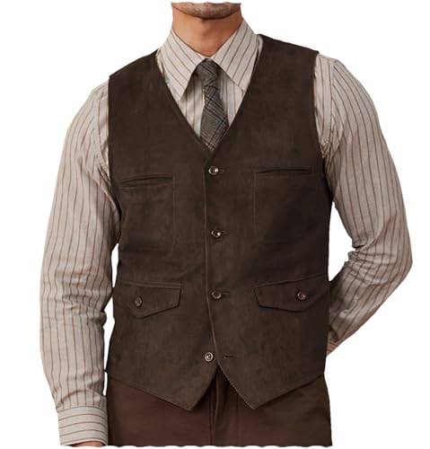 Herren Wildleder Anzug Weste Western Cowboy Casual Single Breasted Weste(Kaffeefarbe,XL) von Aesido