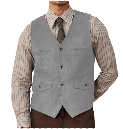 Herren Wildleder Anzug Weste Western Cowboy Casual Single Breasted Weste(Silber,L) von Aesido