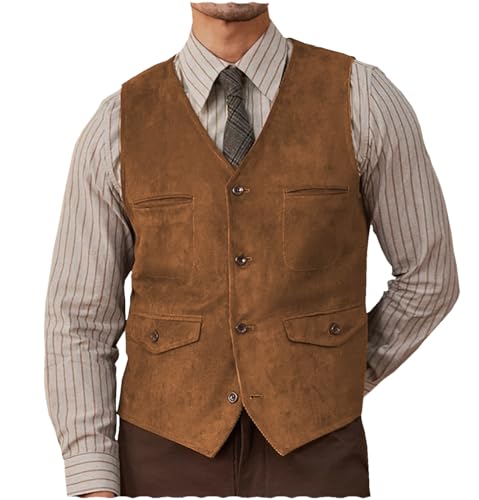 Herren Wildleder Anzug Weste Western Cowboy Casual Single Breasted Weste(braun,M) von Aesido