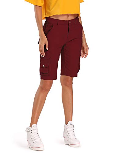 Aeslech Bermuda Cargo Shorts für Damen, lässige Baumwolle Multi Taschen Outdoor Wear, weinrot, 34 von Aeslech