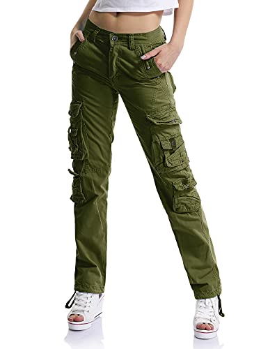 Cargohose Damen, Damen Arbeit Kampfhose Straight Leg Pants mit Taschen für Damen Casual Outdoor Wandern Armee-grün 31 - DE 34 von Aeslech