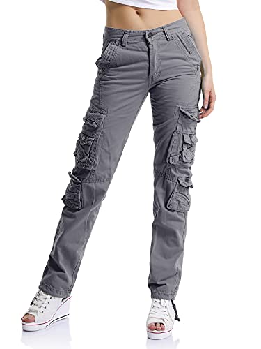 Aeslech Cargohose Damen, Damen Arbeit Kampfhose Straight Leg Pants mit Taschen für Damen Casual Outdoor Wandern Grau 32 - DE 38 von Aeslech