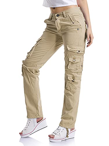 Aeslech Cargohose Damen, Damen Arbeit Kampfhose Straight Leg Pants mit Taschen für Damen Casual Outdoor Wandern Khaki 36 - DE 42 von Aeslech