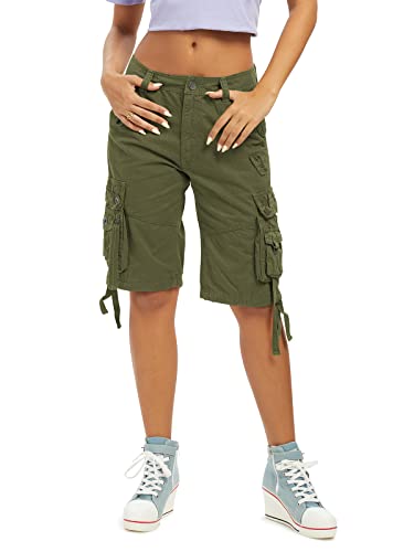 Aeslech Damen Loose Fit Cargo Shorts Baumwolle Casual Sommer Bermuda Shorts mit Multi Taschen, armee-grün, 46 von Aeslech