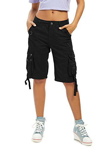 Aeslech Cargo-Shorts für Damen, weite Baumwolle, Bermuda-Shorts, lässig, Sommer, Wandern, mit mehreren Taschen, L Schwarz, 44 von Aeslech