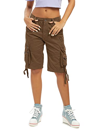 Aeslech Damen Loose Fit Cargo Shorts Baumwolle Casual Sommer Bermuda Shorts mit Multi Taschen, coffee, 46 von Aeslech