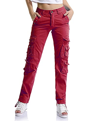 Aeslech Cargohose Damen, Damen Arbeit Kampfhose Straight Leg Pants mit Taschen für Damen Casual Outdoor Wandern Rot 32 - DE 38 von Aeslech