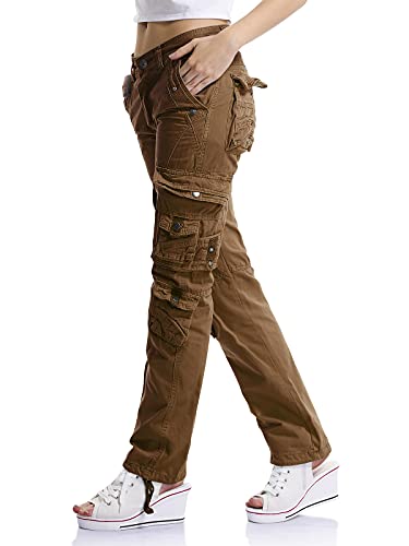 Aeslech Cargohose Damen, Damen Arbeit Kampfhose Straight Leg Pants mit Taschen für Damen Casual Outdoor Wandern Kaffee 38 - DE 44 von Aeslech