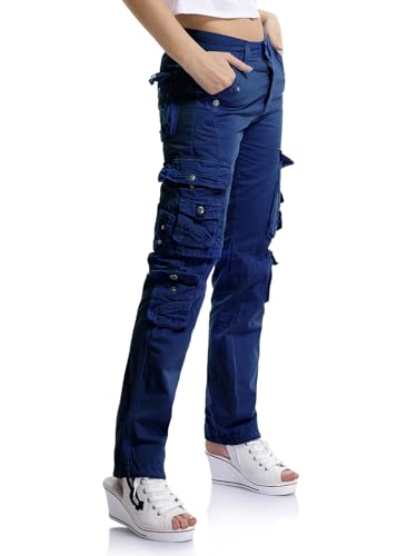 Aeslech Cargohose für Damen, Arbeitshose, Kampfhose, gerades Bein, Freizeithose mit Taschen, blau, 38 von Aeslech