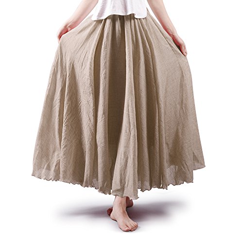 Aeslech Damen Bohemian Elastische Taille A-Linie Lang Maxi Baumwolle Leinen Rock, Cremeweiß, 10-11 Years von Aeslech
