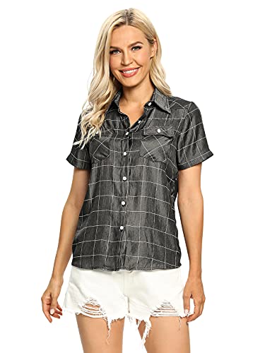 Aeslech Damen Button Down Denim Shirt Kurzarm Casual Sommer Tops Kragen Bluse, kariert schwarz, X-Large von Aeslech