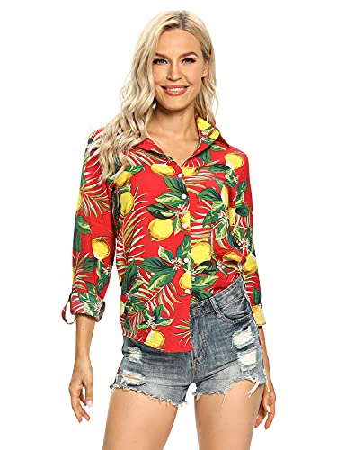 Aeslech Damen Leichtes Hawaiihemd mit Knopfleiste, tropisches Party-Sommer-Top, Red Lemon, Large von Aeslech