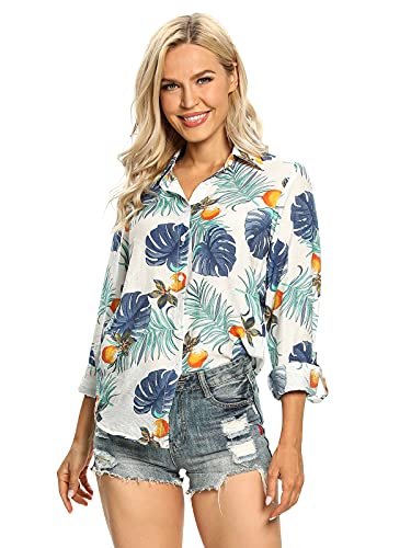 Aeslech Damen Leichtes Hawaiihemd mit Knopfleiste, tropisches Party-Sommer-Top, Weiße Monstera, M von Aeslech