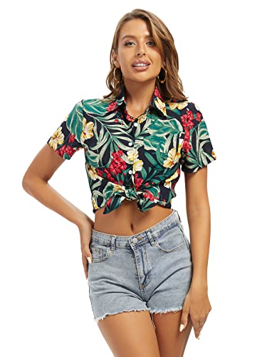 Aeslech Damen Hawaiihemd Leicht Kurzarm Button Down Casual Tropische Sommer Tops, F Black Flower, X-Klein von Aeslech