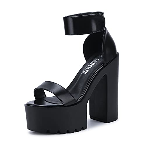 Aeslech Damen Knöchelriemen Plateau Chunky Heels Block High Heels Lug Sole Sandalen, Schwarz , 39 EU von Aeslech