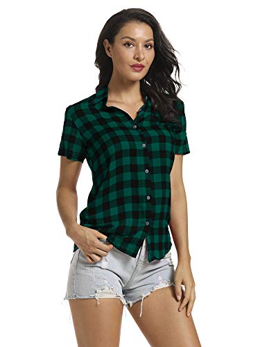 Aeslech Damen Kurzarm Button Down Hemd Bluse Plaid Kariert Sommer Tops, 1 Grün, XS von Aeslech