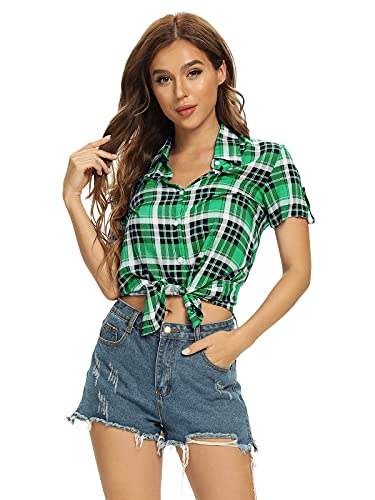 Aeslech Damen Kurzarm Button Down Hemd Bluse Plaid Kariert Sommer Tops, 3 Grün, XXL von Aeslech