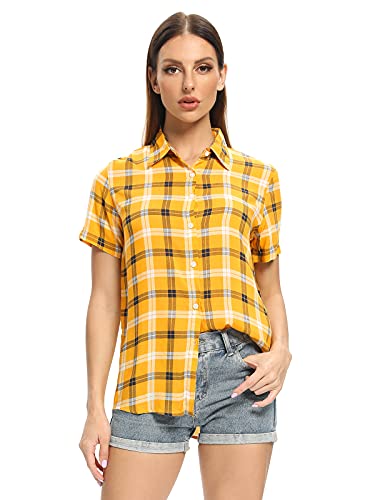 Aeslech Damen Kurzarm Button Down Hemd Bluse Plaid Kariert Sommer Tops, C Gelb, L Aeslech Damen Kurzarm Button Down Hemd Bluse Plaid Kariert Sommer Tops, C Gelb, L von Aeslech