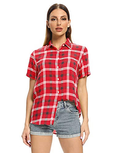 Aeslech Damen Kurzarm Button Down Hemd Bluse Plaid Kariert Sommer Tops, C Rot, XXL Aeslech Damen Kurzarm Button Down Hemd Bluse Plaid Kariert Sommer Tops, C Rot, XXL von Aeslech