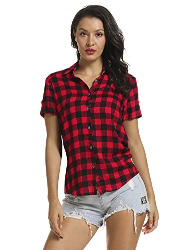 Aeslech Damen Kurzarm Button Down Hemdbluse Plaid Karo Sommer Tops, rot / schwarz, XS von Aeslech