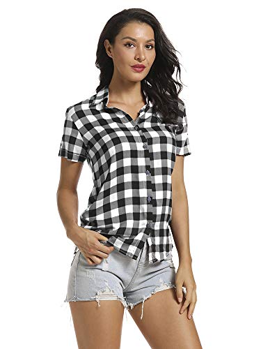 Aeslech Damen Kurzarm Button Down Hemd Bluse Plaid Kariert Sommer Tops, weiß/schwarz, XXXXL von Aeslech