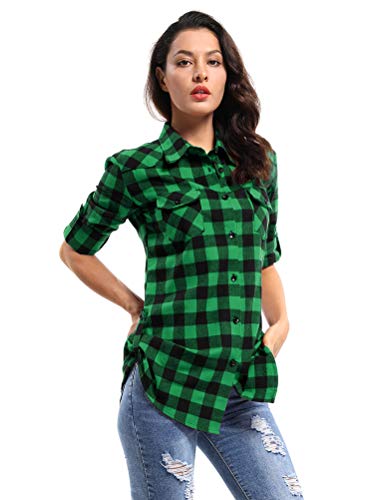 Aeslech Damen Langarm Bluse Kariertes Hemd Lange Ärmel Plaid Flanell Shirt Knopf nach unten Blusen & Tuniken für Damen D013 Grün Schwarz 2XL von Aeslech