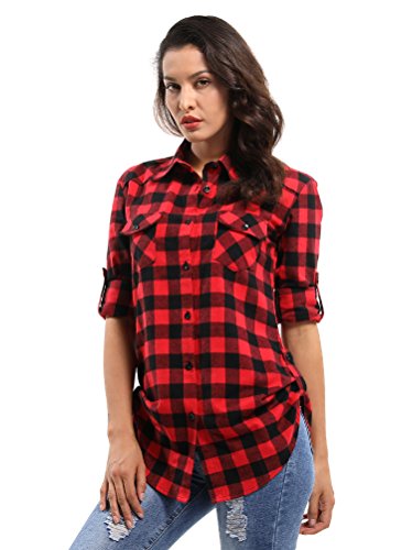 Aeslech Damen Langarm Bluse Kariertes Hemd Lange Ärmel Plaid Flanell Shirt Knopf nach unten Blusen & Tuniken für Damen D056 Schwarz Rot L von Aeslech