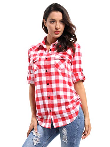 Aeslech Damen Langarm Bluse Kariertes Hemd Lange Ärmel Plaid Flanell Shirt Knopf nach unten Blusen & Tuniken für Damen M042 Rot Weiß L von Aeslech