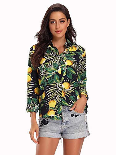 Aeslech Damen Leichtes Hawaiihemd mit Knopfleiste, tropisches Party-Sommer-Top, Blaue Zitrone, XL von Aeslech
