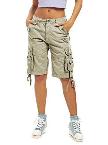 Aeslech Damen Loose Fit Cargo Shorts Baumwolle Casual Sommer Bermuda Shorts mit Multi Taschen, Hellkhaki, 42 von Aeslech