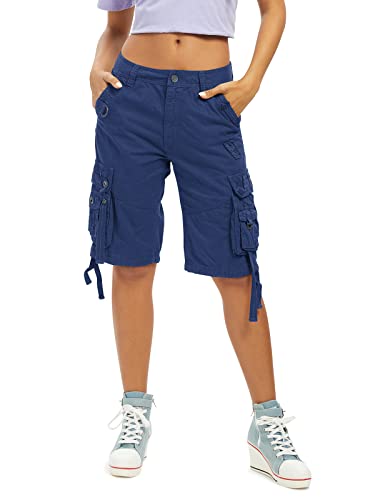 Aeslech Damen Loose Fit Cargo Shorts Baumwolle Casual Sommer Bermuda Shorts mit Multi Taschen, blau, 44 von Aeslech