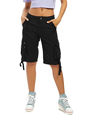 Aeslech Cargo-Shorts für Damen, lockere Passform mit mehreren Taschen, Baumwoll-Bermuda-Shorts, lässig, Sommer, Wandern, Schwarz , 42 von Aeslech