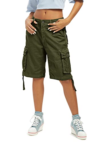 Aeslech Damen Loose Fit Cargo Shorts mit Multi Taschen Baumwolle Bermuda Shorts Casual Sommer Wandern, L Army Green, 52 von Aeslech