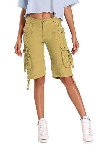 Aeslech Damen Casual Cargo Shorts Multi Taschen Baumwolle Bermuda Shorts Outdoor Wandern Gr. 30, E Khaki von Aeslech