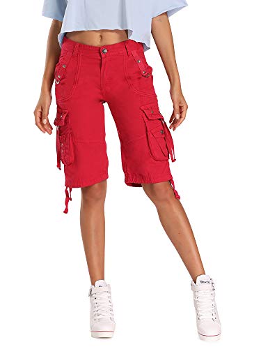 Aeslech Damen Casual Cargo Shorts Multi Taschen Baumwolle Bermuda Shorts Outdoor Wandern Gr. 30, E Rot von Aeslech