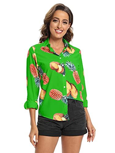 Aeslech Damen leichtes kariertes Hemd, klassische Knopfleiste, aufrollbare Ärmel, Tops Bluse, Eine grüne Ananas, X-Large von Aeslech