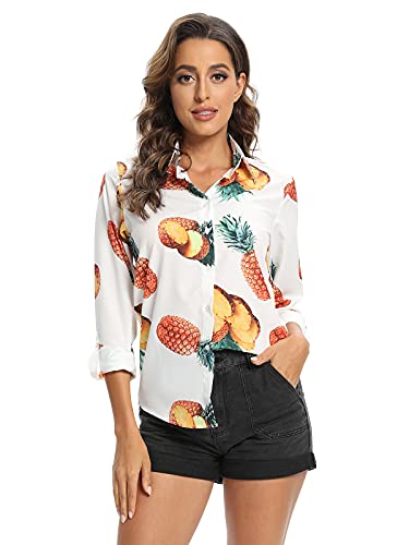 Aeslech Damen leichtes kariertes Hemd, klassische Knopfleiste, aufrollbare Ärmel, Tops Bluse, Eine weiße Ananas, XXL von Aeslech