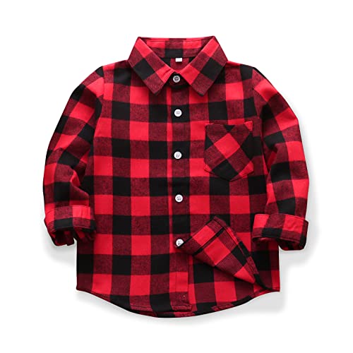 Aeslech Herren & Little Big Boys Button Down Plaid Flanellhemd Vater Sohn Passendes Shirt, E001 Red Black, 4 Jahre von Aeslech