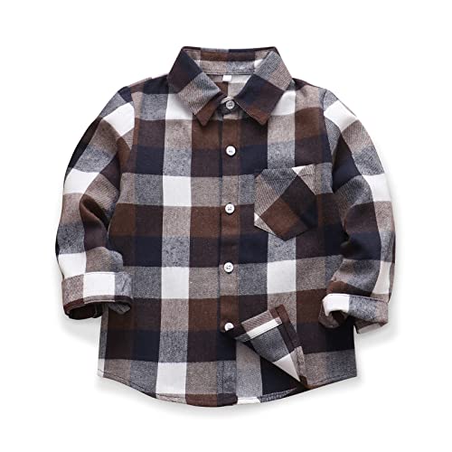 Aeslech Herren & Little Big Boys Button Down Plaid Flanellhemd Vater Sohn Passendes Shirt, E003 Kaffee, 3 Jahre von Aeslech