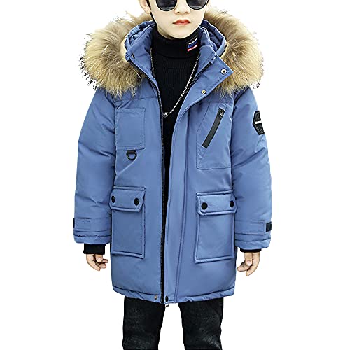 Aeslech Jungen Daunenjacke Warm Kinder Wintermantel gepolstert mit Pelzkapuze, blau, 12-13 Jahre von Aeslech