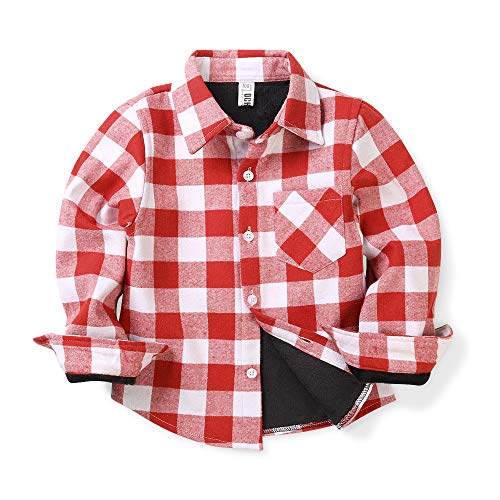 Aeslech Jungen Plaid Fleece Gefüttert Shirt Little Big Kids Langarm Warm Top, rot / weiß, 5 Jahre von Aeslech