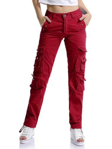 Aeslech Lässige Cargo-Arbeitshose für Damen, Baumwolle, hohe Taille, Reisen, Wandern, Y2K Hose mit mehreren Taschen, dunkelrot, 30 Aeslech Lässige Cargo-Arbeitshose für Damen, Baumwolle, hohe Taille, Reisen, Wandern, Y2K Hose mit mehreren Taschen, dunkelrot, 30 von Aeslech
