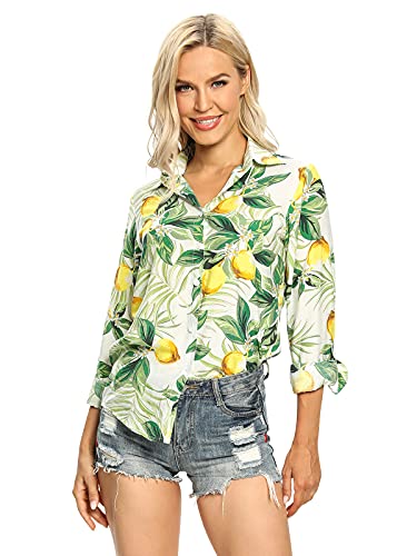 Aeslech Damen Leichtes Hawaiihemd mit Knopfleiste, tropisches Party-Sommer-Top, Weiße Zitrone, XL von Aeslech