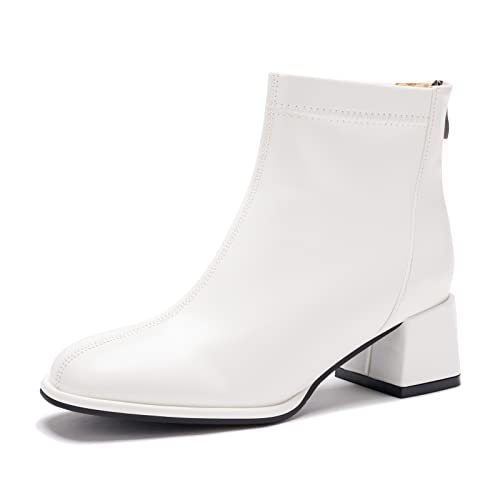 Herbst-Stiefeletten für Damen, klobiger Block, mittelhoher Absatz, Stiefel mit Reißverschluss hinten, modische kurze Stiefel, Ya White, 37.5 EU von Aeslech