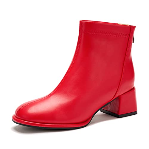 Herbst Stiefeletten für Frauen Chunky Block Mid Heel Booties Rücken Reißverschluss Mode Kurze Stiefel, Ya Rot, 39.5 EU von Aeslech